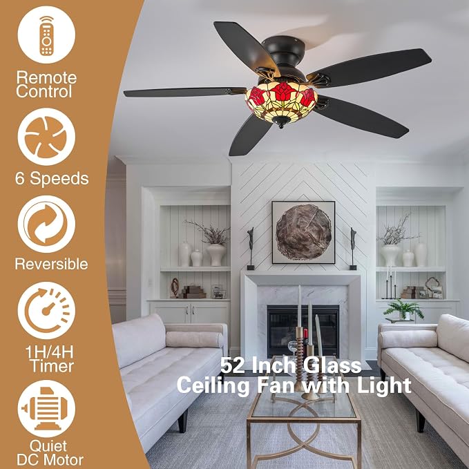 Tiffany Ceiling Fans with Lights - 52" Ceiling Fan Chandelier with 5 Dual-Blades and Glass Shade, 6 Speeds and Reversible, Indoor and Outdoor, Retro Style