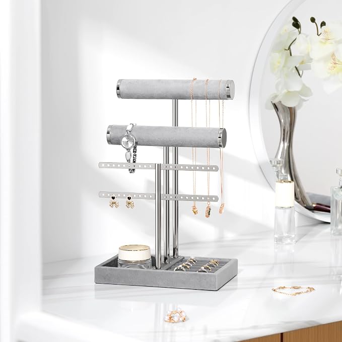 Jewelry Organizer Stand for Necklaces, Bracelets, Earrings, Rings, Grey | 3 Tier Velvet Bracelet Holder Display | Jewelry Organizers and Storage | Jewelry Tree | Jewelry Towers