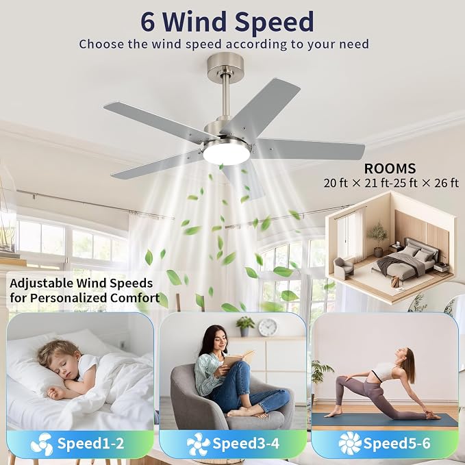 42 Inch Ceiling Fans with Lights and Remote, Bedroom Living Room Kitchen Home Office Indoor/Outdoor, 6CCT Dimmable, Dual Color 5 Blades, 6 Speed Reversible Quiet DC Motor, Sand-nickel/Wood Grain