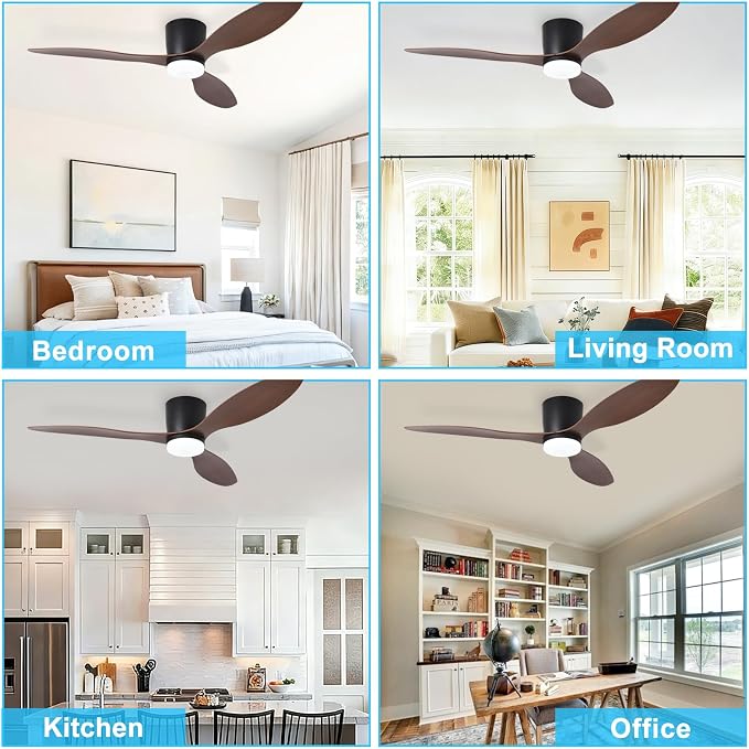Depuley Flush Mount Ceiling Fan: 52-Inch Black Ceiling Fans with Lights for Bedroom Indoor Outdoor - Low Profile Ceiling Fans with Remote Control 24W 3CCT Dimmable 3 Reversible Walnut Blades 6 Speeds
