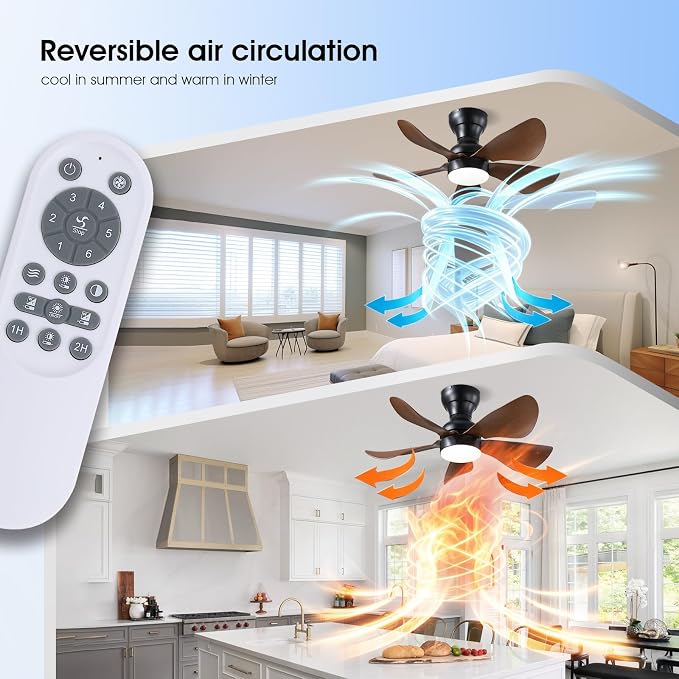 Kviflon Ceiling Fans with Lights and Remote/APP Control, 30 inch Low Profile Ceiling Fans with 5 Reversible Blades 3 Colors Dimmable 6 Speeds Ceiling Fan for Bedroom Dining Room, Wood Color
