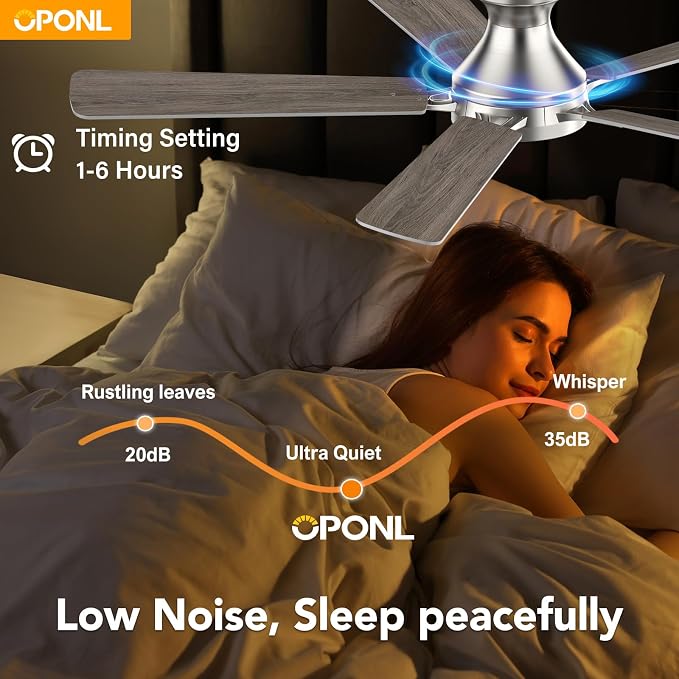 OPONL Ceiling Fan with Light, 52 inch Low Profile Ceiling fan with Light and Remote Control, Reversible, 6CCT, Dimmable, Noiseless, Nickel Ceiling Fan for Bedroom, Indoor/Outdoor Use, Modern