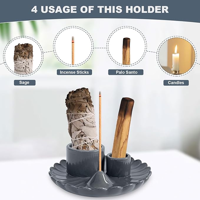 4 in 1 Incense Holder, Ceramic Palo Santo Holder, Sage Holder for Burning, 5.3" Ceramic Ash Catcher Tray for Meditation Yoga Room