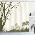 Ambesonne Forest Shower Curtain, Nature Theme The Panorama of a Forest Pattern Birds on Tree Branches Print, Cloth Fabric Bathroom Decor Set with Hooks, 69" W x 70" L, Olive Green