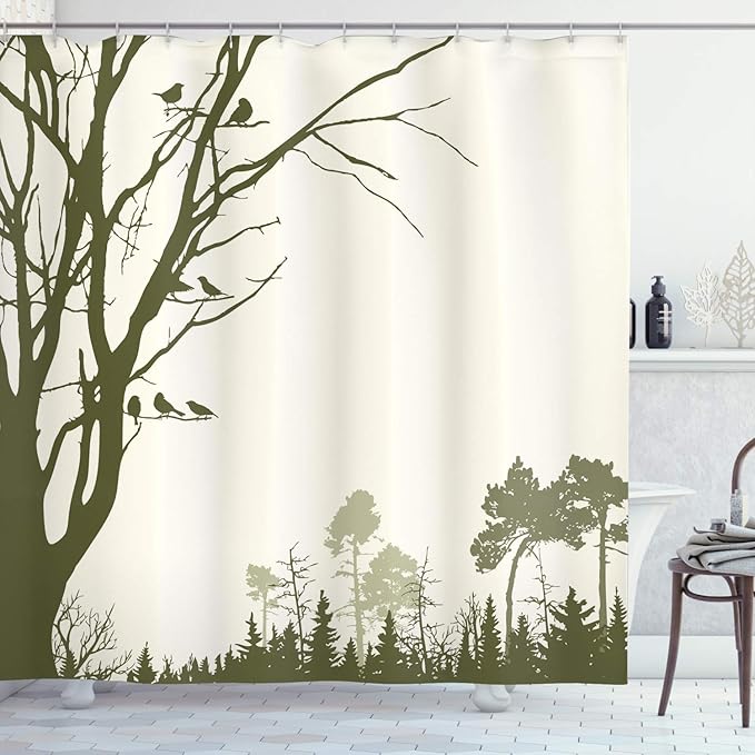 Ambesonne Forest Shower Curtain, Nature Themed Panorama of a Woodland View Pattern Birds on Tree Branches Silhouette Graphic Print, Fabric Bathroom Decor Set with Hooks, 69" W x 75" L, Olive Green