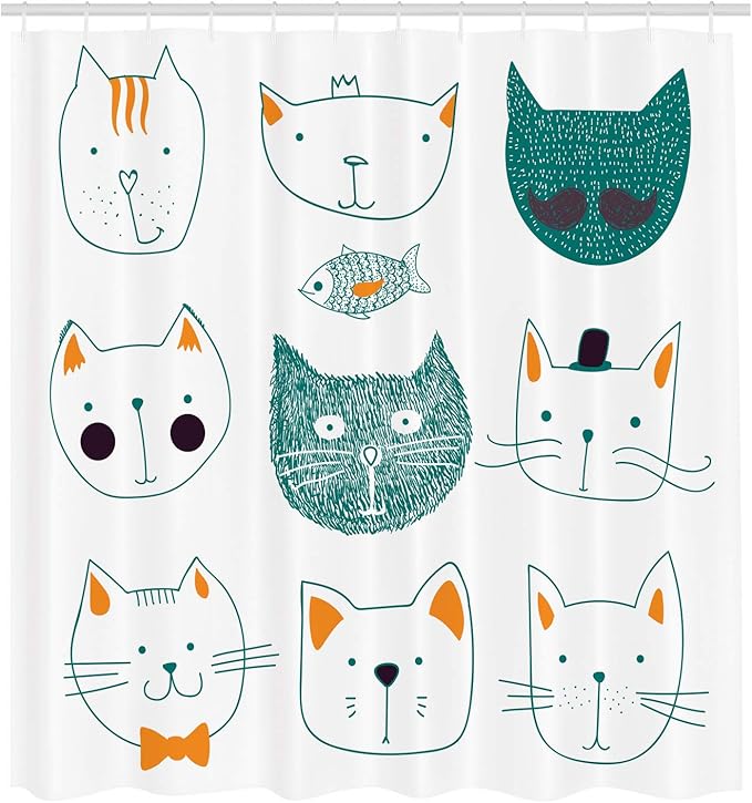 Ambesonne Cat Shower Curtain, Pets Moustache Bow Tie Hat Crown Fluffy and Fish Humor Faces Graphic, Cloth Fabric Bathroom Decor Set with Hooks, 69" W x 84" L, Teal Apricot