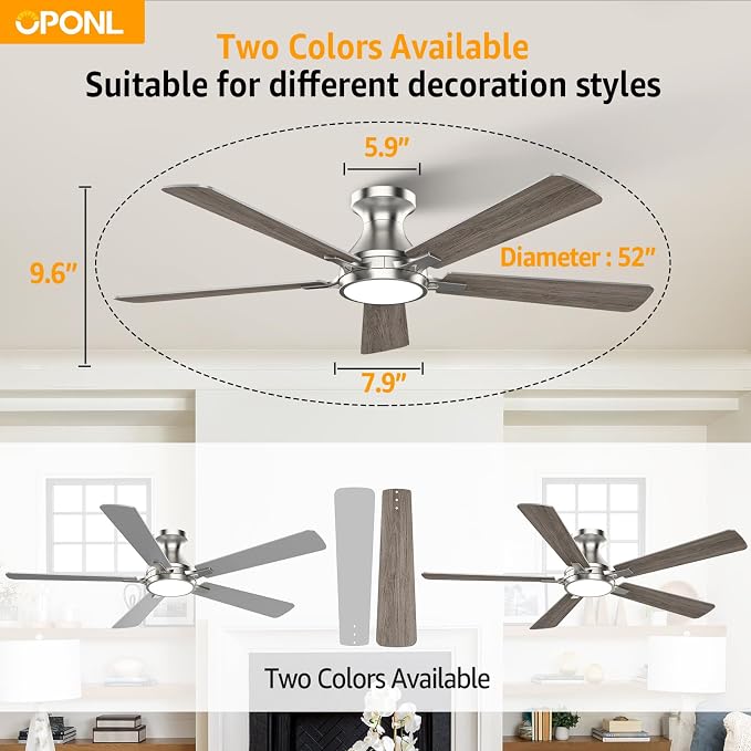 OPONL Ceiling Fan with Light, 52 inch Low Profile Ceiling fan with Light and Remote Control, Reversible, 6CCT, Dimmable, Noiseless, Nickel Ceiling Fan for Bedroom, Indoor/Outdoor Use, Modern