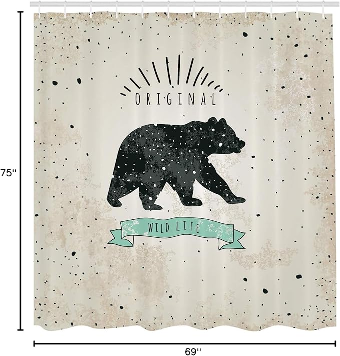 Ambesonne Bear Shower Curtain, Vintage Wildlife Theme Random Dots Predator Paws Animal Themed Design, Cloth Fabric Bathroom Decor Set with Hooks, 69" W x 75" L, Mint Green Black Tan