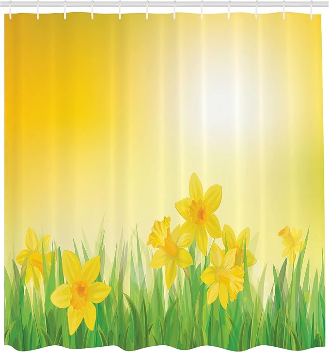 Ambesonne Daffodils Shower Curtain, Daffodil Flowers on a Spring Meadow Countryside Sunny Nature Illustration, Cloth Fabric Bathroom Decor Set with Hooks, 69" W x 70" L, Yellow and Green