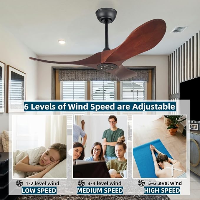 36 Inch Ceiling Fan No Light, 6-Speed Silent DC Motor, Solid Wood Reversible Modern Style Ceiling Fan, Suitable For Living Room, Dining Room, Bedroom, Outdoor