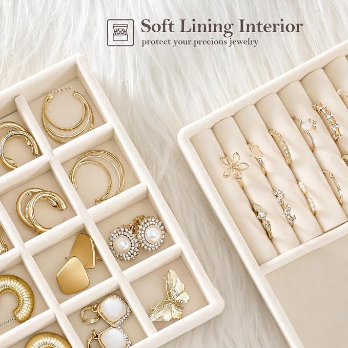 ProCase Stackable Jewelry Organizer Trays for Drawers, Jewelry Drawer Inserts Container Display Case Storage for Earring Necklace Rings Bracelet with Removable Dividers -Beige, 4 Layers