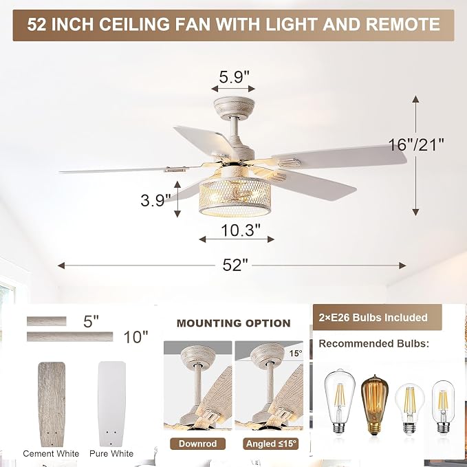 Depuley 52in Ceiling Fans with Lights: 2 Pack White Gold Caged Ceiling Fan with Remote - Farmhouse Ceiling Fan with Dual Finish 5 Blades for Living Room 6 Speeds Timer Reversible E26 Bulbs Included