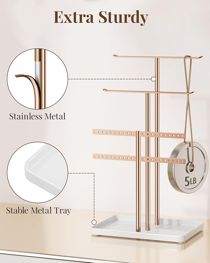 pickpiff Rose Gold Jewelry Organizer: 14.5" Sturdy Stand for 80 Pcs Jewelry