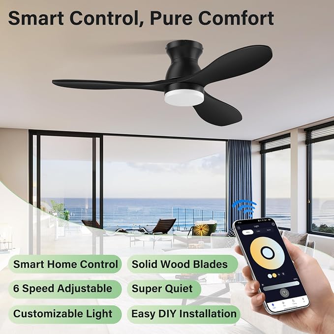 42" Wood Ceiling Fans with Lights, Smart Control by Remote Alexa APP,Quiet DC Motor,Modern Flush Mount Hugger Ceiling Fan for Low Profile Bedroom,Patio,Outdoor Indoor,Matte Black,Dim,6 Speed,3 Blade