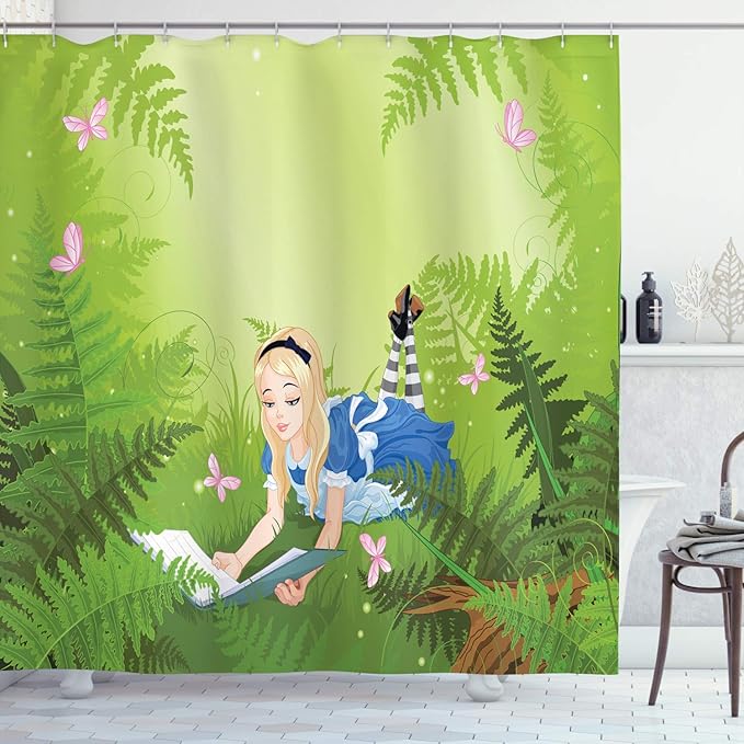 Ambesonne Alice in Wonderland Shower Curtain, Alice Reading Book in Forest Butterfly Nature Magic Love Theme, Cloth Fabric Bathroom Decor Set with Hooks, 69" W x 75" L, Green Pink