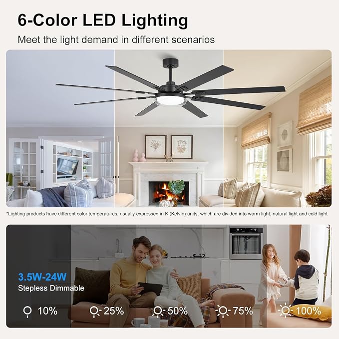 80 Inch Ceiling Fans with Lights and Remote,Living Room Office Library Cafe Outdoor, 5CCT Dimmable, Dual Color 8 Blades, 6 Speed Reversible Quiet DC Motor, Dual-Layer Shade, Black/Wood Grain
