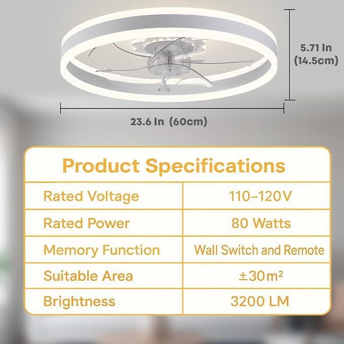 FSZDORJ 24'' Ceiling Fan with Light and Remote, Low Profile Ceiling Fan with Light, Dimmable Flush Mount Ceiling Fan Light, 6 Speeds Fan, App&Remote Control, Fandelier Quiet Fan for Bedroom F105 White