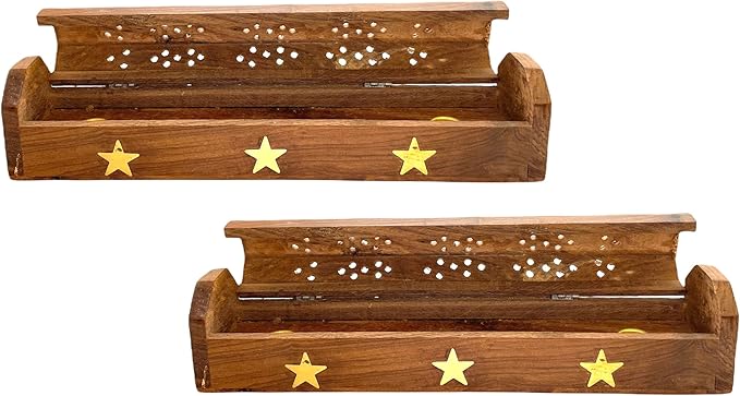 2 Pack Wooden Coffin Incense Sticks Burner - 12 Inches Brass Inlays - Storage Compartment (Large Star)