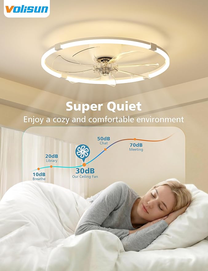 VOLISUN Low Profile Ceiling Fan with Lights and Remote, 23.6in Bladeless Ceiling Fans with Light Flush Mount, Dimmable Modern LED Fan Light, White Fandelier Ceiling Fans for Bedroom,Living Room