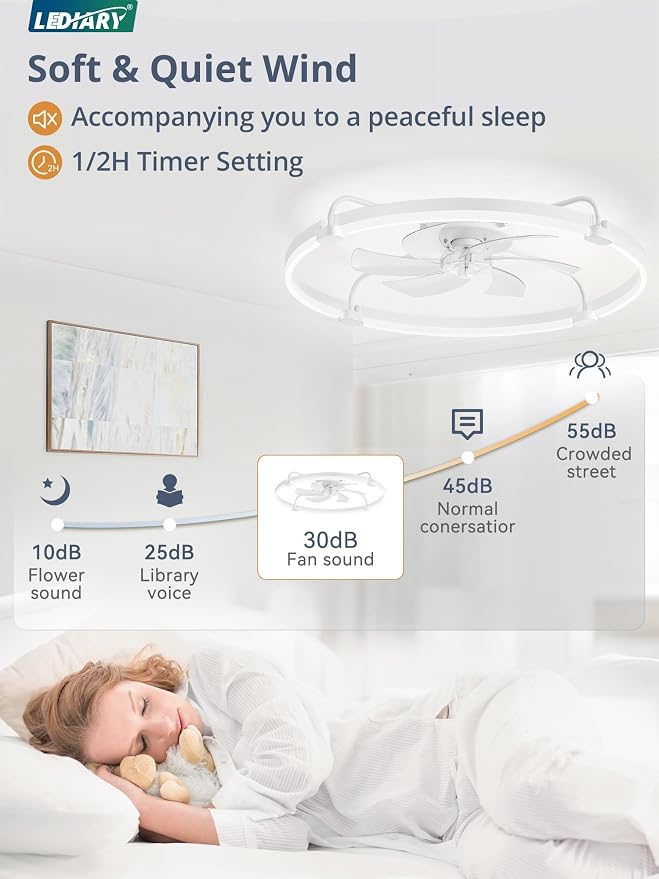 LEDIARY 30" Ceiling Fans with Lights and Remote, Low Profile Led Fan Light | Stepless Dimmable Fandelier, 6 Wind Speeds, Remote and APP Control, Flush Mount Ceiling Fan for Bedroom, Living Room, White