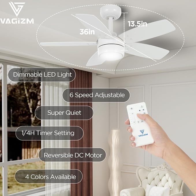 Ceiling Fan 36'' for Small Room Matte White Modern Fans with Light Remote Control - Reversible Quiet DC Motor Dimmable with 6 Speeds for Bedroom Indoor Use