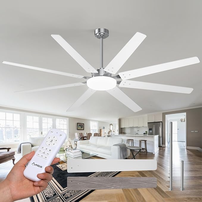 Amico 80 inch Ceiling Fans with Lights,Large Ceiling Fan with Lights and Remote Control, Dimmable, 6 Speed Reversible Quiet DC Motor, Nickel Modern Ceiling fan For Living Room, Bedroom, Kitchen, Patio
