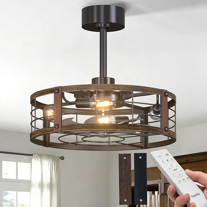 Passky 20 Inch Farmhouse Caged Ceiling Fans with Lights and Remote, Black Downrod Mount Bladeless Fandelier, 6 Speeds Bladeless Ceiling Fan Light for Bedroom, Kitchen, Living Room, Indoor