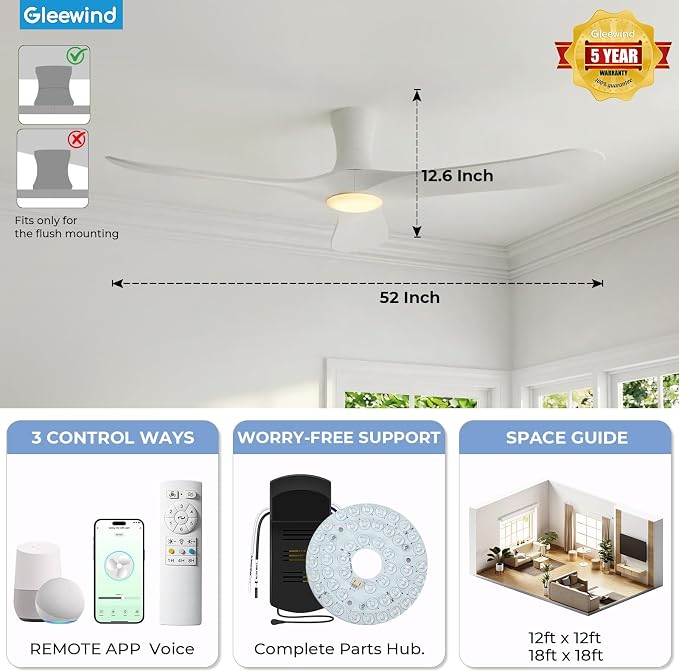 52 inch Smart White Ceiling Fans with Lights, Outdoor Flush Mount Low Profile Ceiling Fan with WIFI Alexa and App Remote Control, Quiet DC Motor, 3 Blades Wood Modern ceiling fan for Bedroom Patio