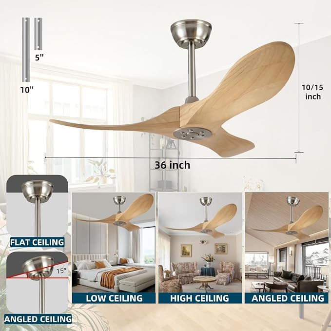 36 Inch Wooden Ceiling Fan Without Light With Remote Control, 3 solid wood fan blades Ceiling Fan for Indoor, Living Room, Dining Room, Bedroom, Terrace, Porch(Brushnickle+Natural Wood, 36 inch)