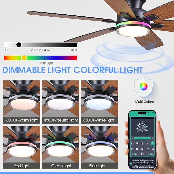 Kviflon 52" Ceiling Fans with RGB Lights, Low Profile Ceiling Fan with Remote/APP Control, Flush Mount, Double-Sided 6 Reversible Blades, RGB+3CCT Dimmable Lights, Double Lampshade for Bedroom, Brown