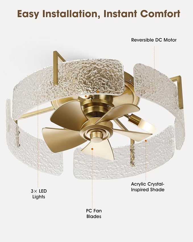 20 Inch Modern Gold Ceiling Fan with Light, Flush Mount Fandelier with Remote Control, Quiet Reversible DC Motor, Low Profile Ceiling Fans for Bedroom Living Room Nursery