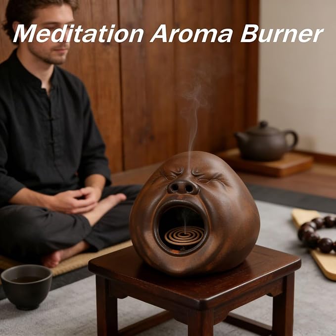 Ceramic Incense Burner - Novel Yawning Face Design Palo Santo Burner Meditation Incense Holder Hand Polishing Cedar and Zen Herb Burners Suitable Space for Meditation and Prayer