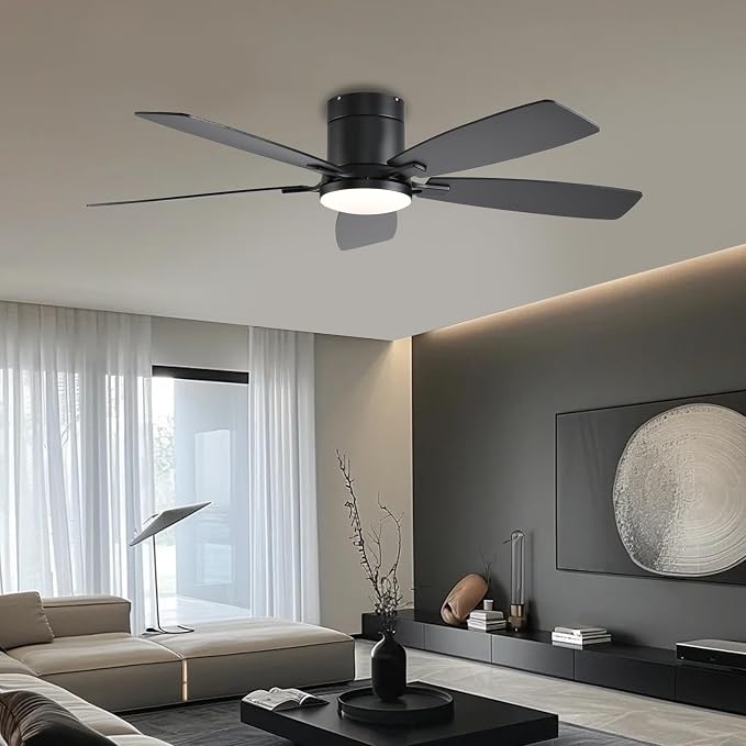 FUMLTP 52inch Ceiling Fans with Lights, Low Profile Ceiling Fan with Light and Remote Control/APP Control, Flush Mount, Reversible DC Motor, Dimmable, Noiseless, Black Ceiling Fan for Bedroom