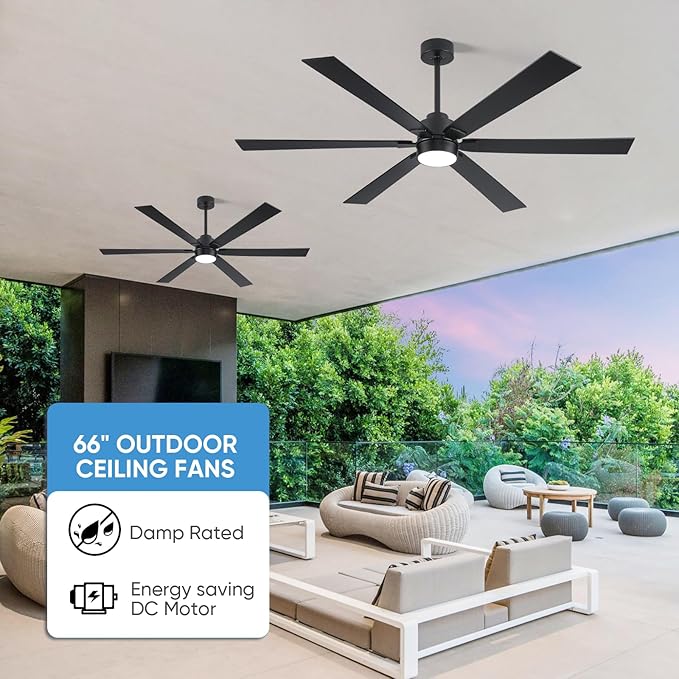 66 Inch Outdoor Ceiling Fans for Patios with Lights Damp Rated, Large Modern Black Ceiling Fans with 6 Blades, High CFM Quiet Reversible DC Motor, for Indoor Living Room Commercial Exterior Gazebo