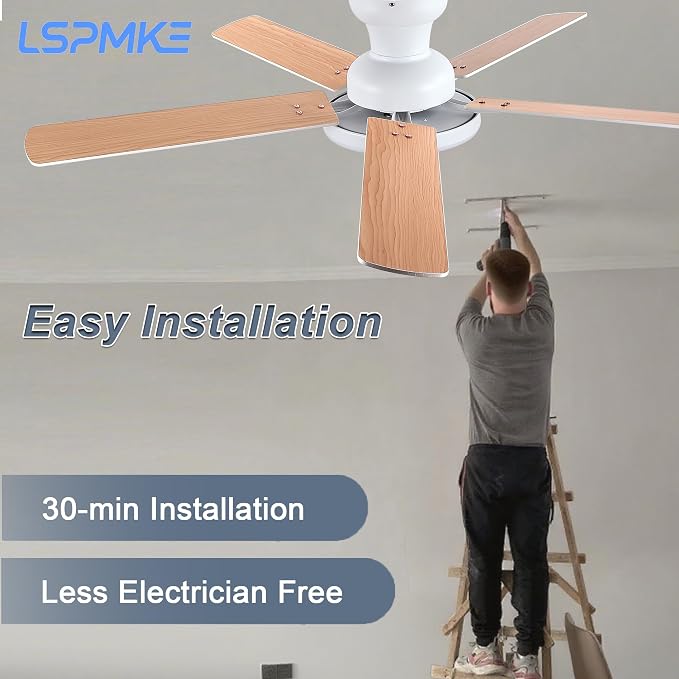 Ceiling Fans with Lights, 52 inch Flush Mount Ceiling fan with Remote Control, Low Profile Ceiling Fan for Bedroom, Farmhouse, Reversible, 3CCT, Dimmable, Noiseless DC Motor, White