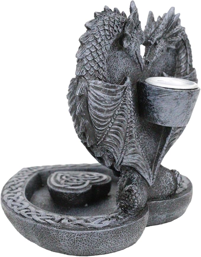 Ebros Gift Guardian of Faux Stone Celtic Heart Tomb Altar Romantic Double Dragon Backflow Cone Incense Cascading Smoke Pool Waterfall Burner Holder Figurine Fantasy Gothic Dungeons and Dragons