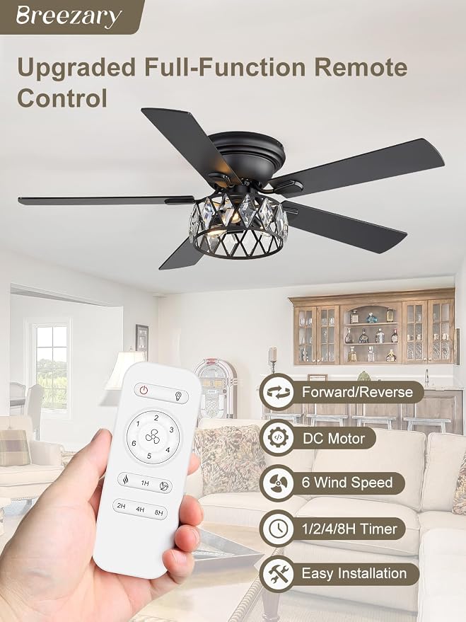 52 Inch Flush Mount Ceiling Fans with Lights and Remote, Double-Sided 5-Blade, 6-Speed Reversible DC Motor, Modern Low Profile Ceiling Fan Crystal Fandeliers for Bedroom Living Room Kitchen (Black)