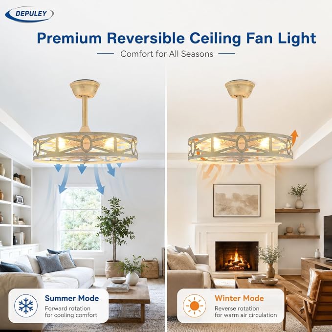 Depuley Caged Ceiling Fans with Light: 20-Inch Cement Enclosed Farmhouse Fandelier for Kitchen Bedroom - Industrial Semi Flush Mount Ceiling Fan with Remote 6 Speeds Reversible Motor Timer