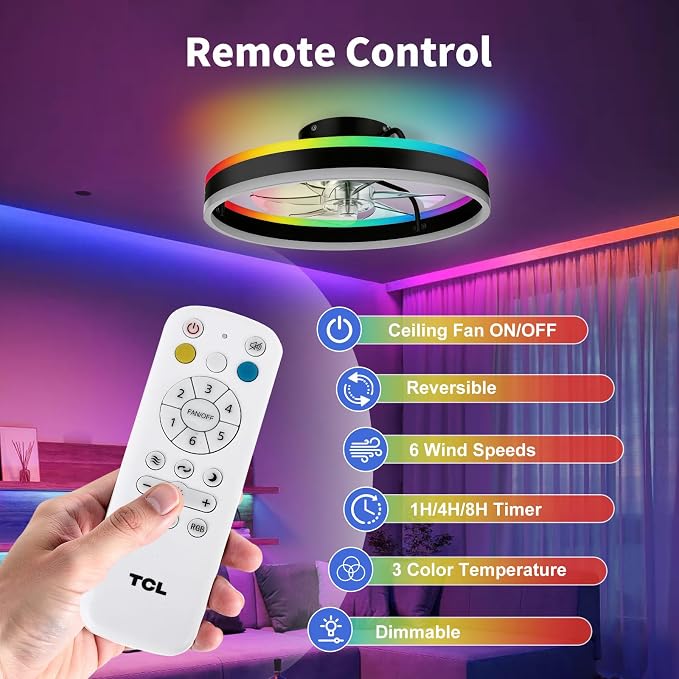 TCL 20'' Flush Mount Ceiling Fan with Lights and Remote, RGB Backlight Dual Lighting Mode, Modern Low Profile Ceiling Fan with Quiet DC Motor, Stylish Lighting for Bedroom, Black