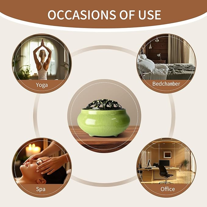 Ceramic Incense Burner, Bowl Burner,Cone Incense Burner with Brass lid for use with Stick or Cone-Shaped Incense，Lotus Incense Stick Holder Calabash Incense Stick Holder, 3pc (Light Green)