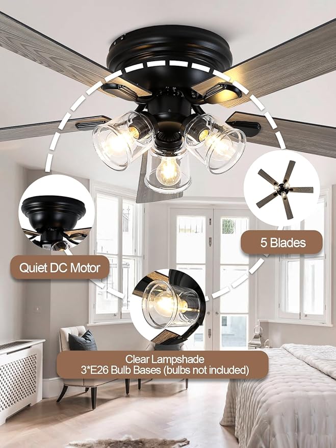 52 Inch Flush Mount Farmhouse Ceiling Fan with Lights and Remote | Rustic Fandelier Ceiling Fan, Low Profile Chandelier, 5 Dual Blade, for Bedroom Living Room, Reversible DC Motor 6 Speeds