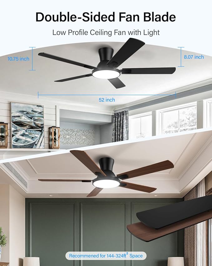 52 Inch Smart Ceiling Fans with Lights, Compatible with Alexa/Google, Remote/App Control, Flush Mount Metal Ceiling Fan, Dimmable 3CCT LED, Quiet Reversible DC Motor for Bedroom Living Room