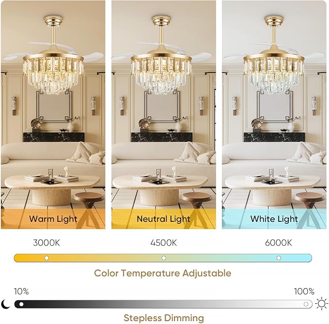 TXCSLY 42" Fandelier Ceiling Fan with Light, Crystal Chandelier Fan with Retractable Blades Dimmable Crystal Ceiling Fan Chandelier for Bedroom Living Room Dining Room-Gold