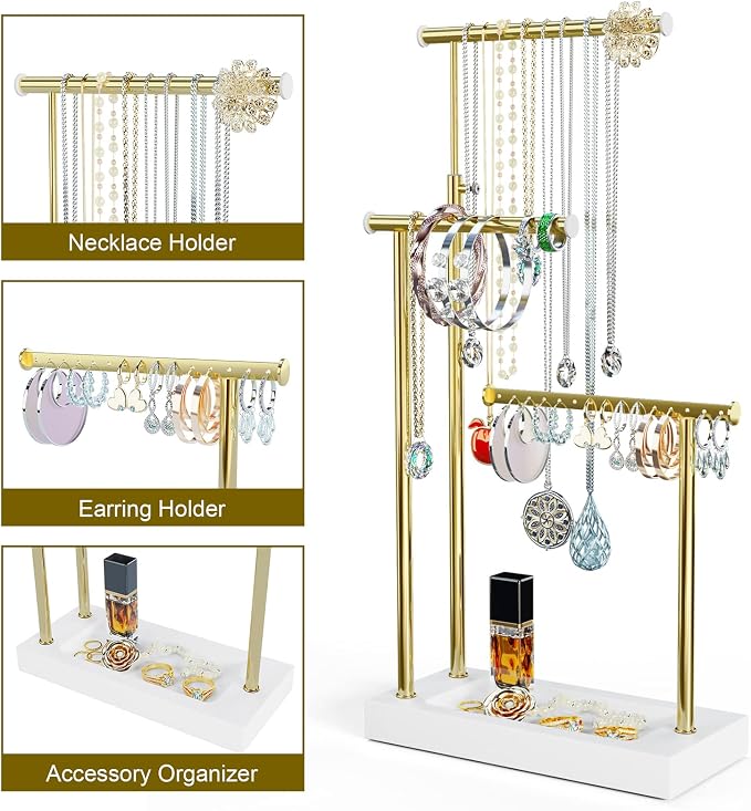 SRIWATANA Jewelry Organizer Display Extra Tall Necklace Holder 3 Tier Jewelry Tree Stand, Gift Idea (White & Gold) | Modern Luxury Jewelry Tree with Wood Base Tray; Ideal to Organize Long Necklaces, Earrings, Rings