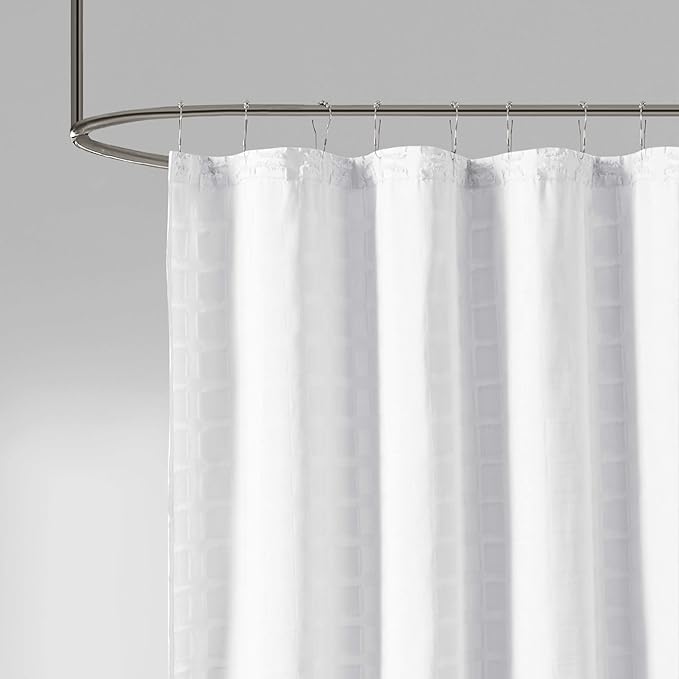 Madison Park Metro Bathroom Shower, Textured Woven Clipped Design Modern Mid-Century Privacy Bath Fabric Curtains, 72"x72", White (MP70-6707)