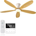 52 Inch Flush Mount Ceiling Fans with Lights, Remote, Dimmable, Power-Off Memory, Quiet DC Motor,5 Blades Wood Ceiling Fan with Light, Low Profile Outdoor/Indoor Hugger Ceiling Fan for Patio