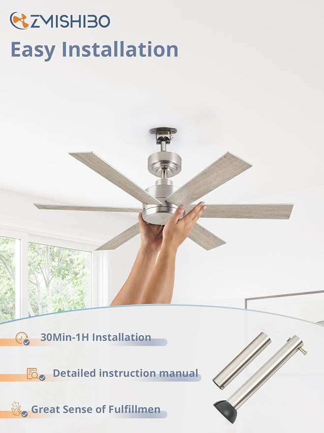ZMISHIBO 42 Inch Ceiling Fan No Light, Brushed Nickel Ceiling Fan Wthout Light, 6 Blades, Quiet Reversible DC Motor, 6-Speeds, Modern Ceiling Fans for Living Room, Bedroom, Workshop, Indoor/Outdoor