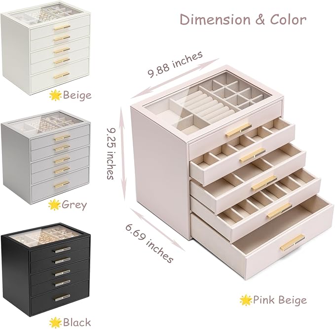VLANDO 5-Drawer Jewelry Box with Glass Lid, Faux Leather Organizer for Rings Earrings Necklaces and More, Gift-Ready Jewelry Case for Women Girls or Moms, Black