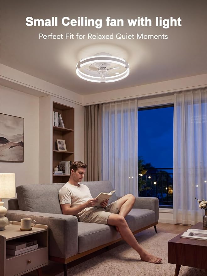 Bladeless Ceiling Fan with Light, 20 Inch Low Profile Flush Mount Fan White | Modern Small Ceiling Fan with Dimmable Light, 6 Speeds, Reversible Airflow, App and Remote Control for Dedroom Liveroom