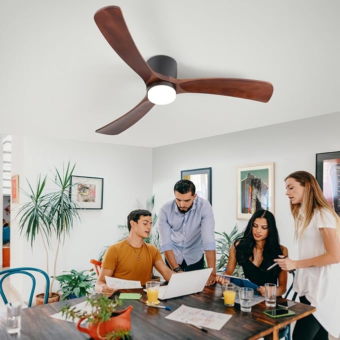 GESUM 52" Ceiling Fan With Lights Remote Control, Low Profile Ceiling Fan with 3 Walnut Wood Blades, Reversible,Dimmable, Flush Mount Ceiling Fans for Living Room Kitchen Bedroom(Black+Walnut)